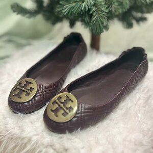 Tory Burch Minnie Travel Ballet Flat, Quilted Leather, Malbec/Gold, Size 8M